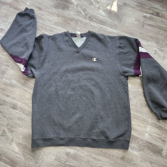 Champion Gray V-Neck Thick Sweatshirt Purple Sleeve Stripes Size XL Vintage 90s - Picture 1 of 14